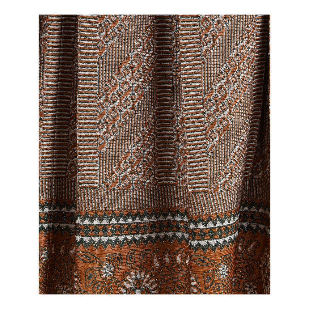 Valentino Knit lurex midi Skirt with geometric and floral patterns, showcasing pleated fabric and shimmering details.