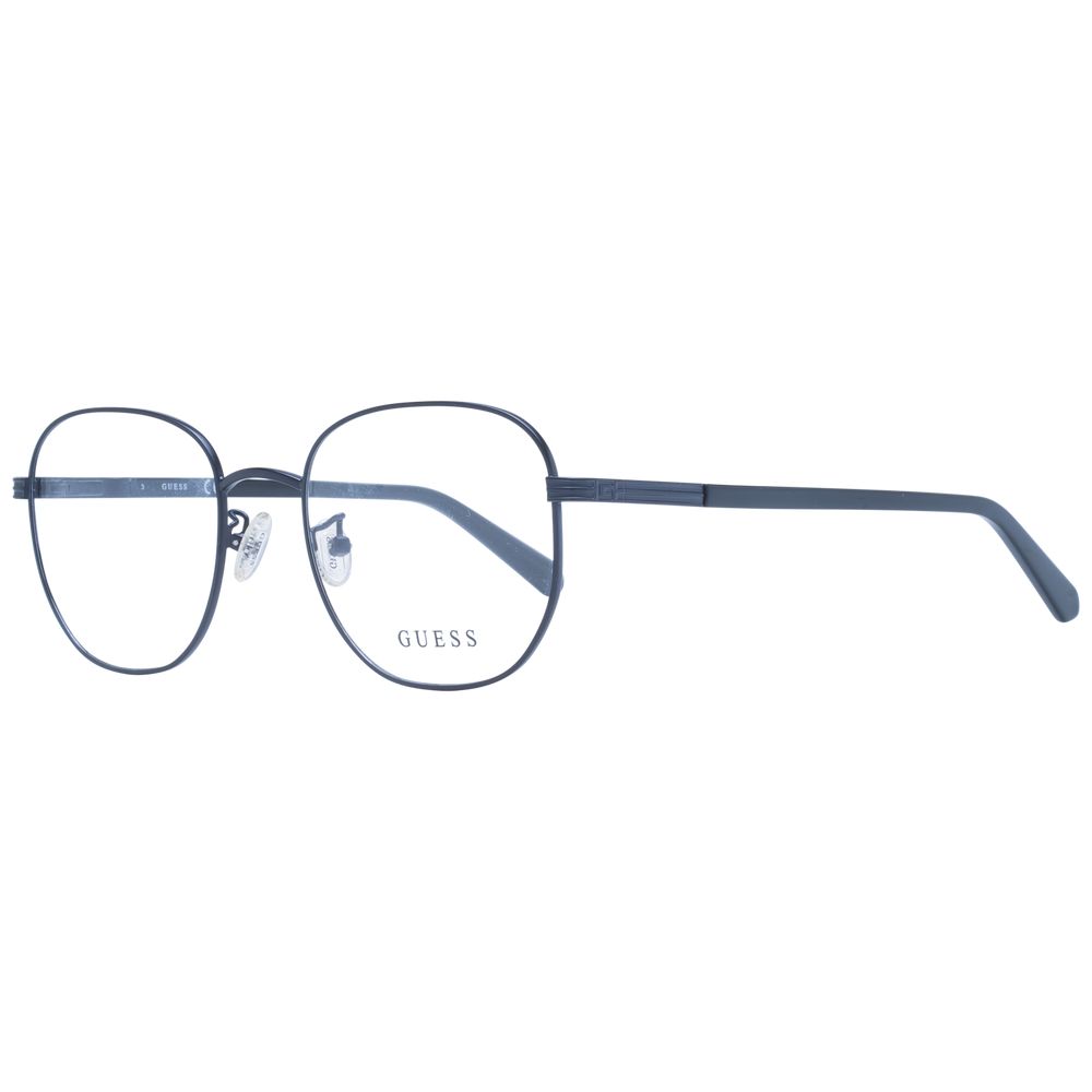 Guess Black Unisex Glasses Frame with metal full-rim design, demo lenses, and branded case, measuring 52mm width and 150mm temples length.