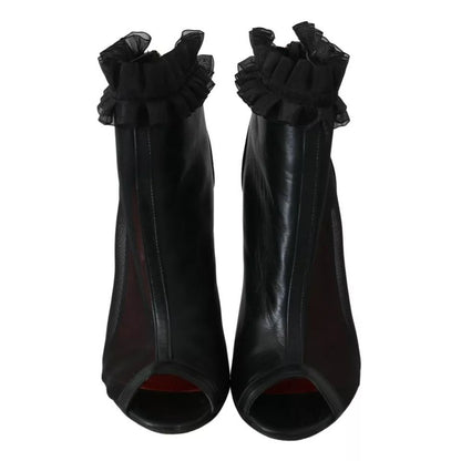 Mangano Black Leather Mesh Stiletto High Heels Peep Toe Boots Shoes