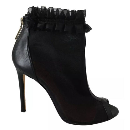 Mangano Black Leather Mesh Stiletto High Heels Peep Toe Boots Shoes