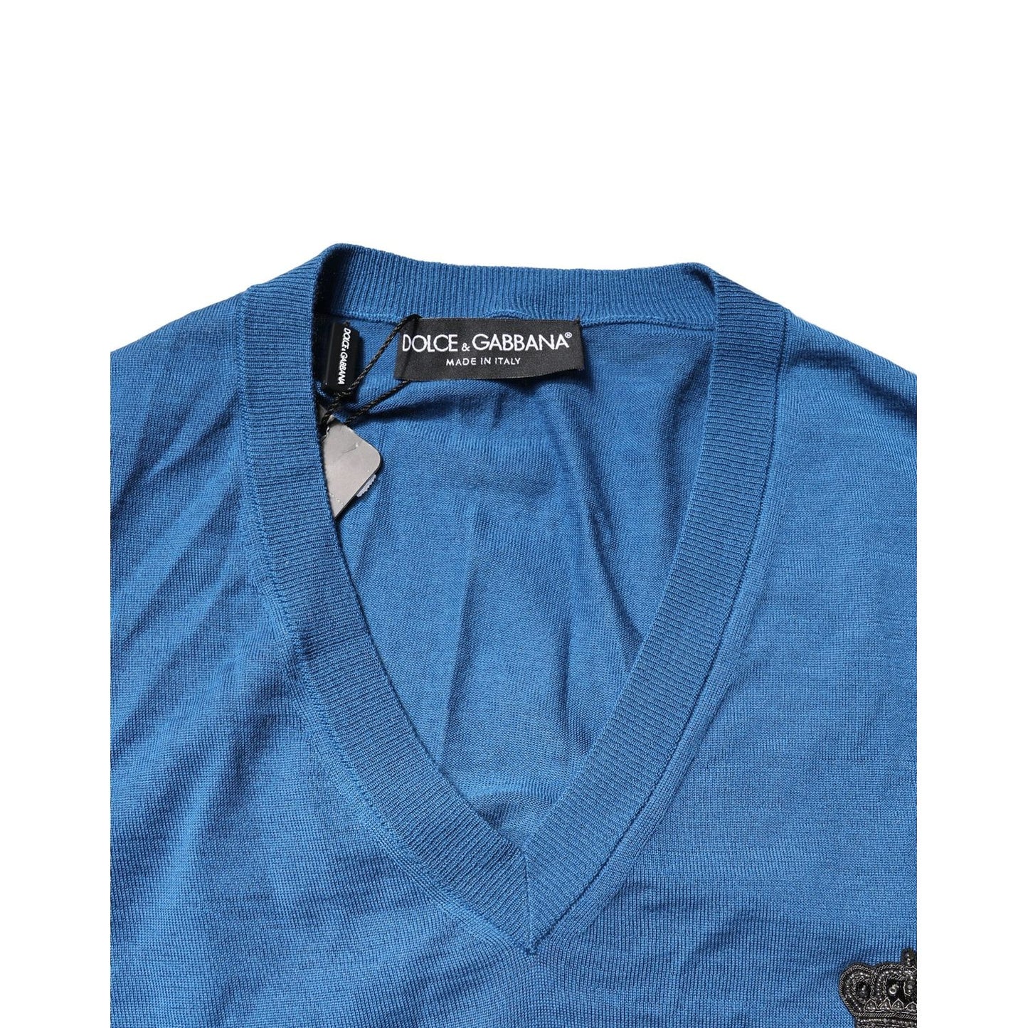 Dolce & Gabbana Blue Cashmere Crown V-neck Pullover Sweater