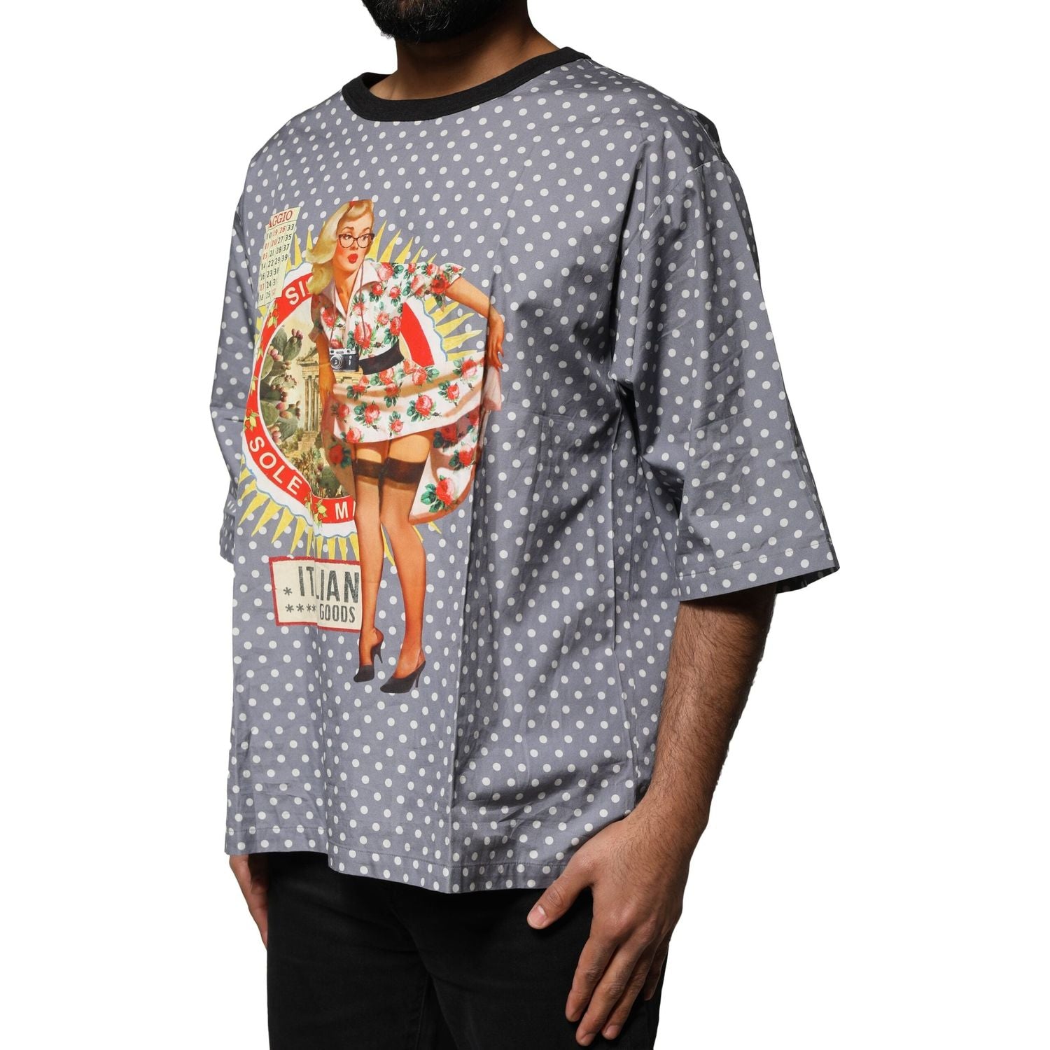 Dolce & Gabbana Gray Polka Dot Pin-Up Print Crew Neck T-shirt