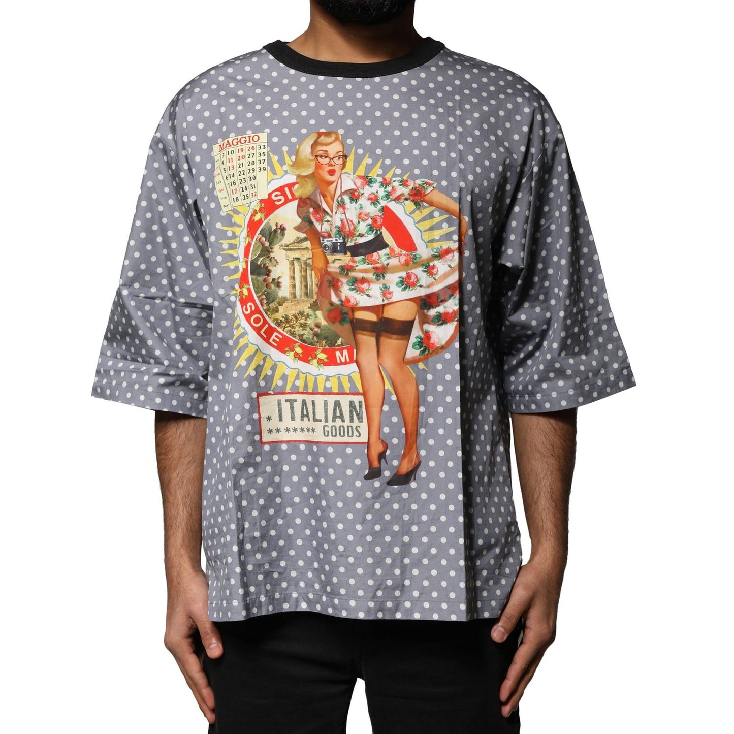 Dolce & Gabbana Gray Polka Dot Pin-Up Print Crew Neck T-shirt