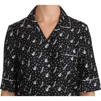 Dolce & Gabbana Black GuitarTrumpet Print Silk Shirt Top