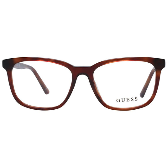 Guess Brown Unisex Glasses Frame with full-rim plastic design, square style, and 49mm lens width, includes branded case