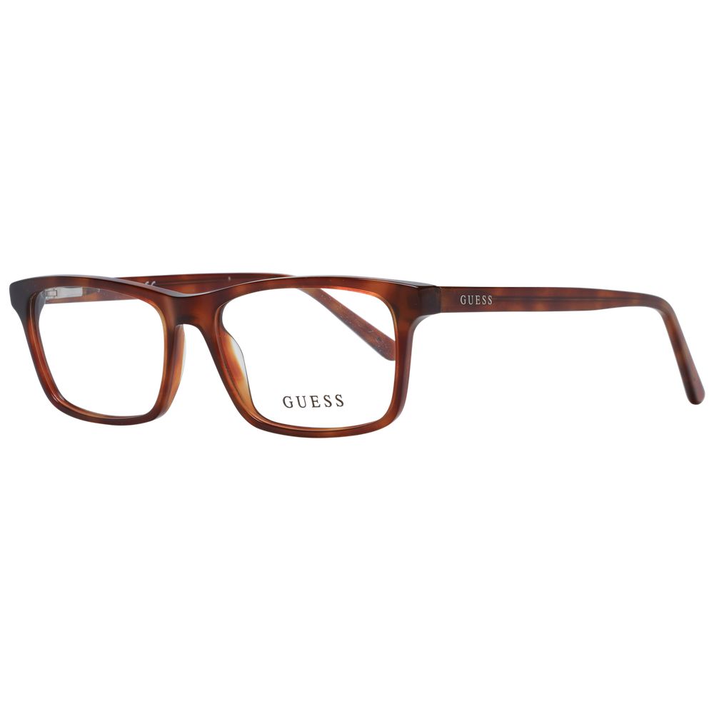 Guess Brown Unisex Glasses Frame, full-rim plastic rectangle style with demo lenses and branded case included.