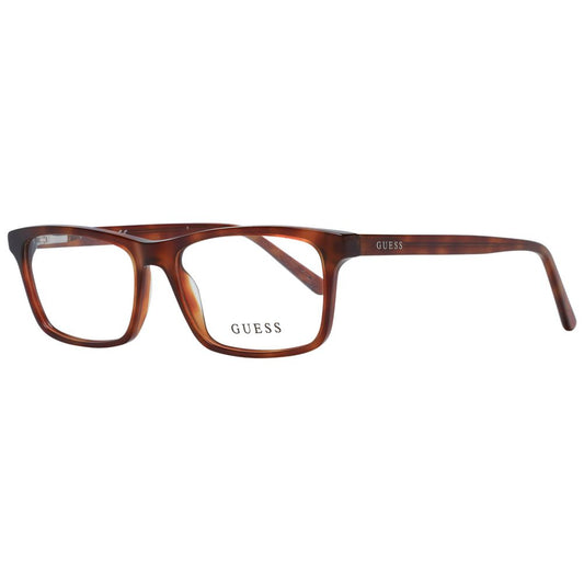 Guess Brown Unisex Glasses Frame, full-rim plastic rectangle style with demo lenses and branded case included.