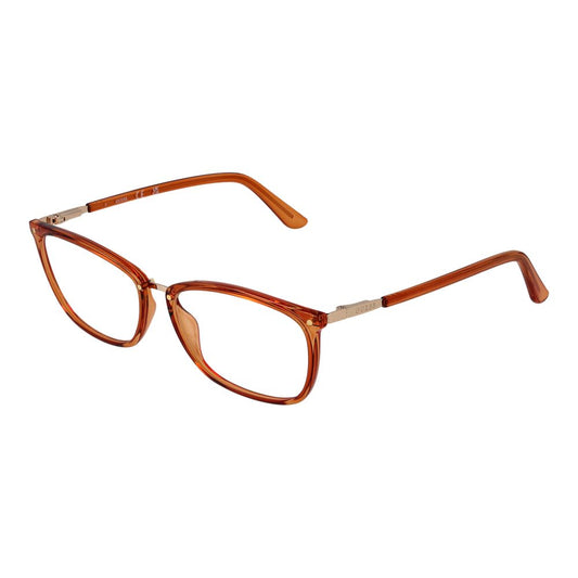 Guess Orange Women Glasses Frame in full-rim, plastic rectangle style with orange frame and demo lenses, includes branded case.