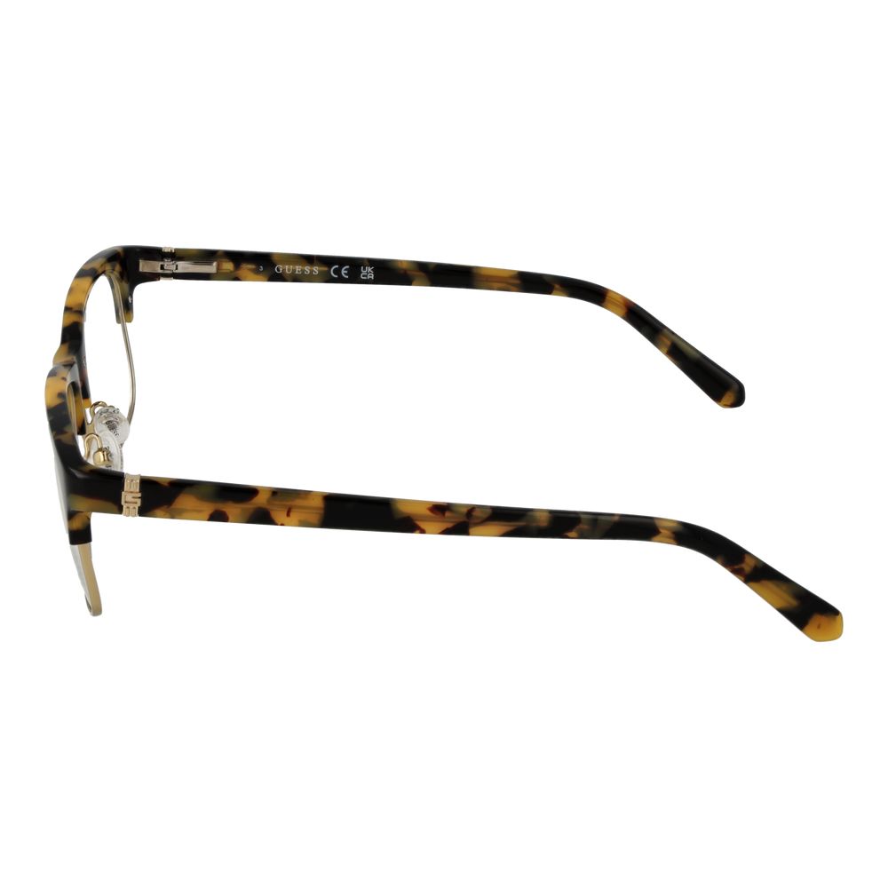 Side view of Guess Brown Men Glasses Frame with acetate tortoiseshell temples, featuring full-rim browline design and spring hinges.