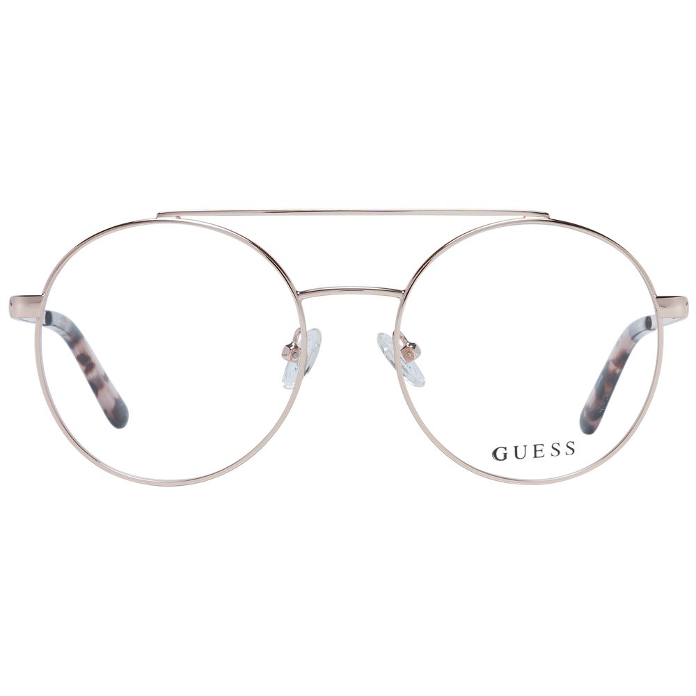 Guess Rose Gold Women Glasses Frame, metal full-rim aviator style with demo lenses, featuring spring hinge for comfort.