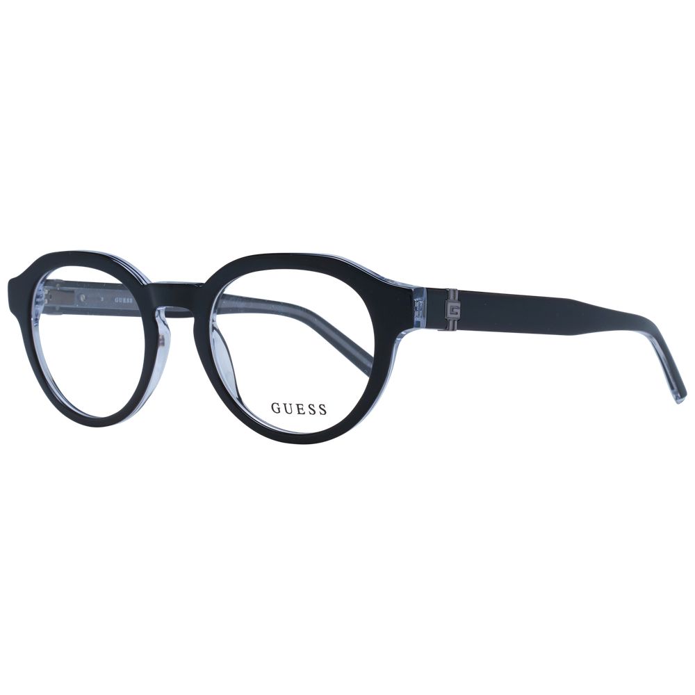 Guess Black Unisex Glasses Frame in plastic, full-rim, round style with demo lenses. Includes spring hinge and branded case.