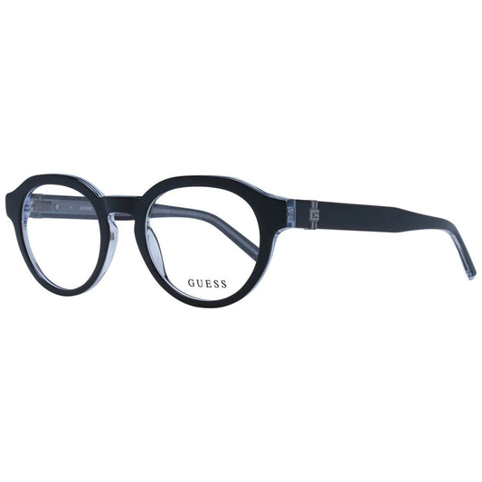 Guess Black Unisex Glasses Frame in plastic, full-rim, round style with demo lenses. Includes spring hinge and branded case.