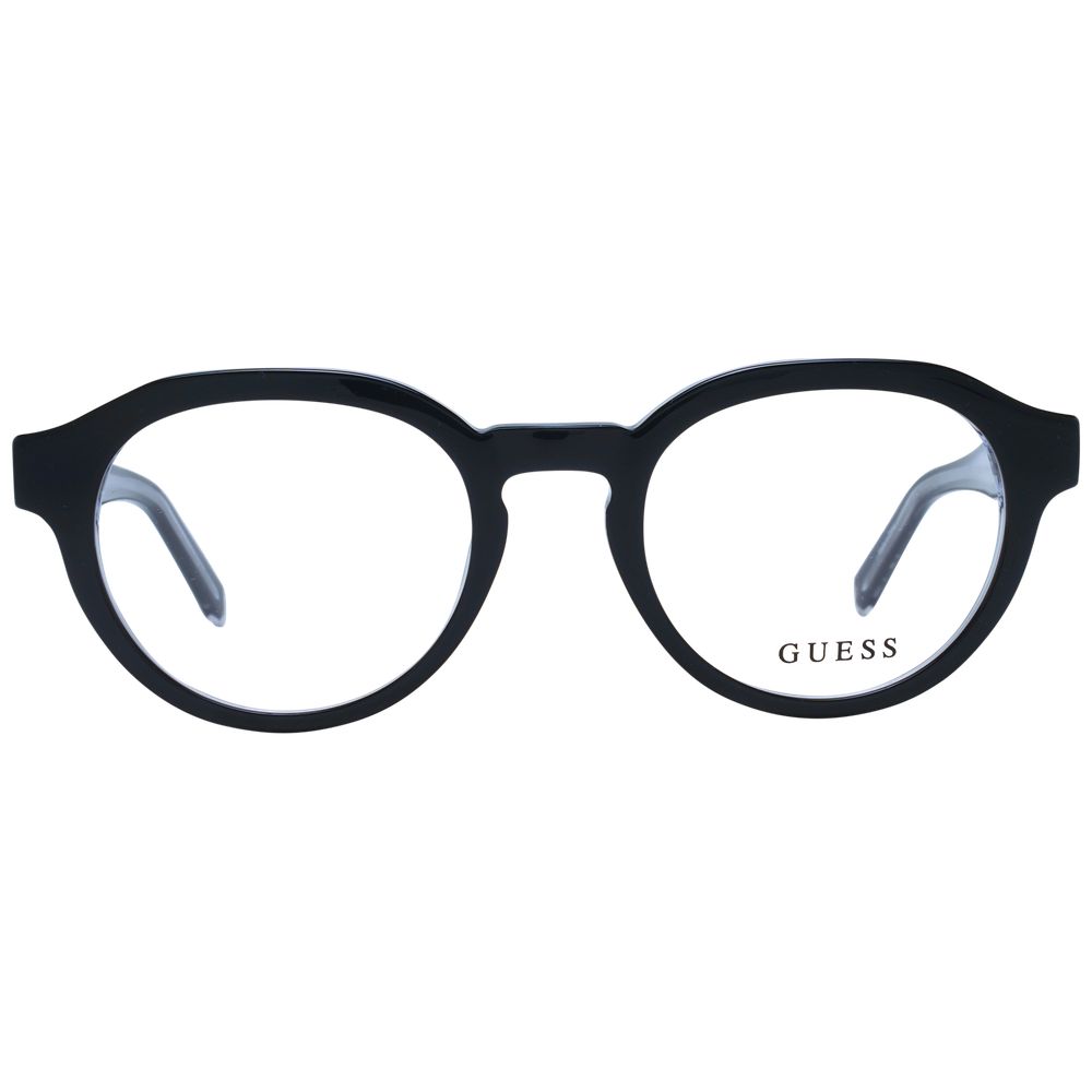 Guess Black Unisex Glasses Frame, full-rim round style, black plastic material, demo lenses, spring hinge, includes branded case