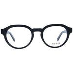 Guess Black Unisex Glasses Frame, full-rim round style, black plastic material, demo lenses, spring hinge, includes branded case