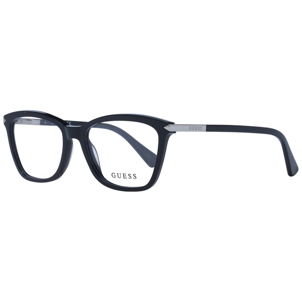 Guess Black Women Glasses Frame, rectangle style, full-rim, black plastic frame with demo lenses, includes branded case, spring hinge included.