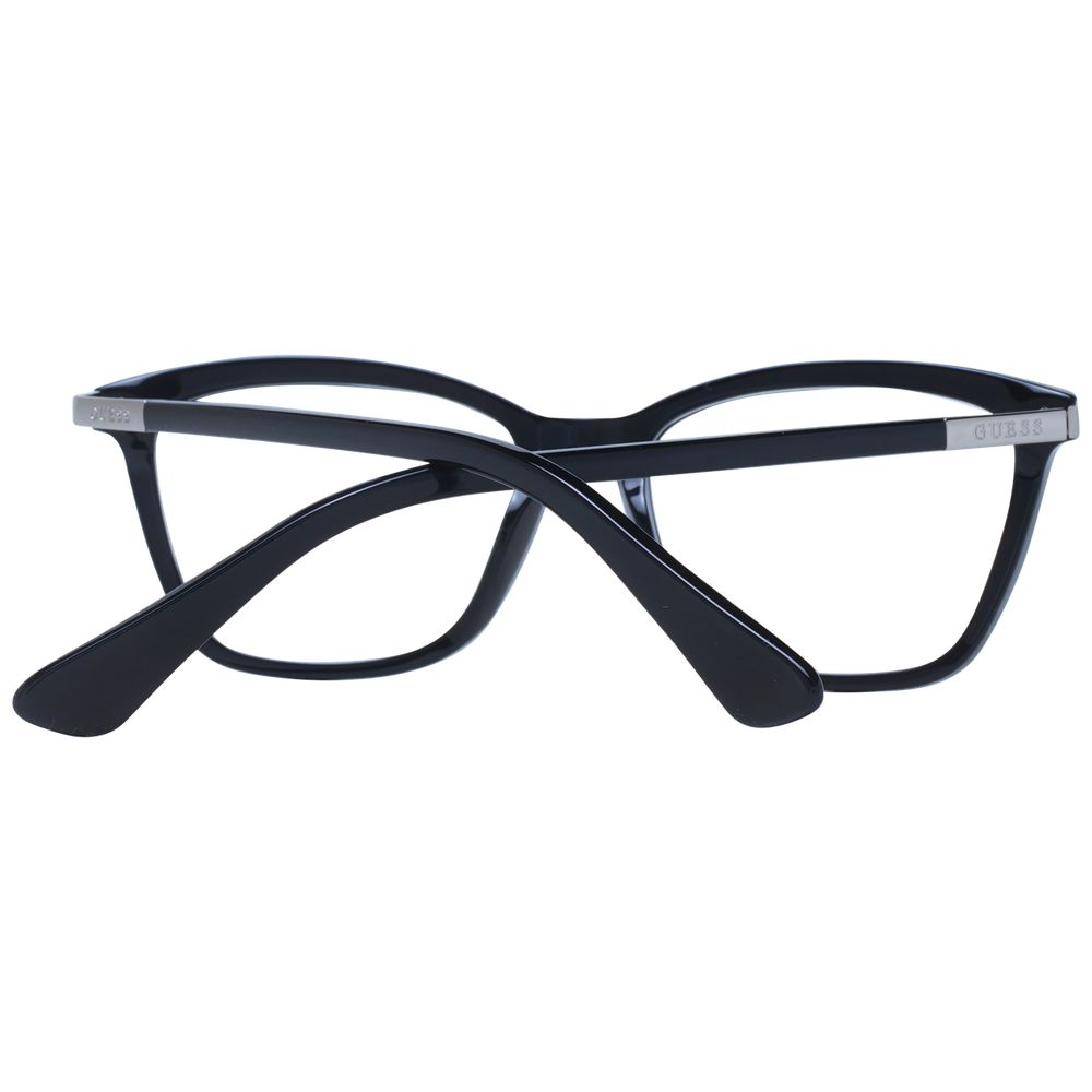 Guess Black Women Glasses Frame in black plastic with full-rim rectangle style, demo lenses and spring hinge. Includes branded case.