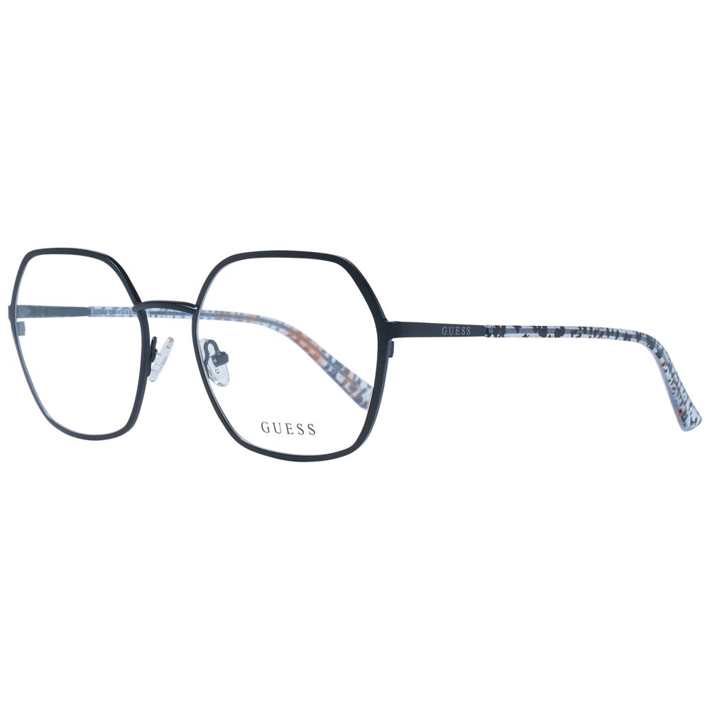 Guess Black Women Glasses Frame, metal full-rim square eyeglasses, demo lenses, 55-19-140, with spring hinges and branded case.