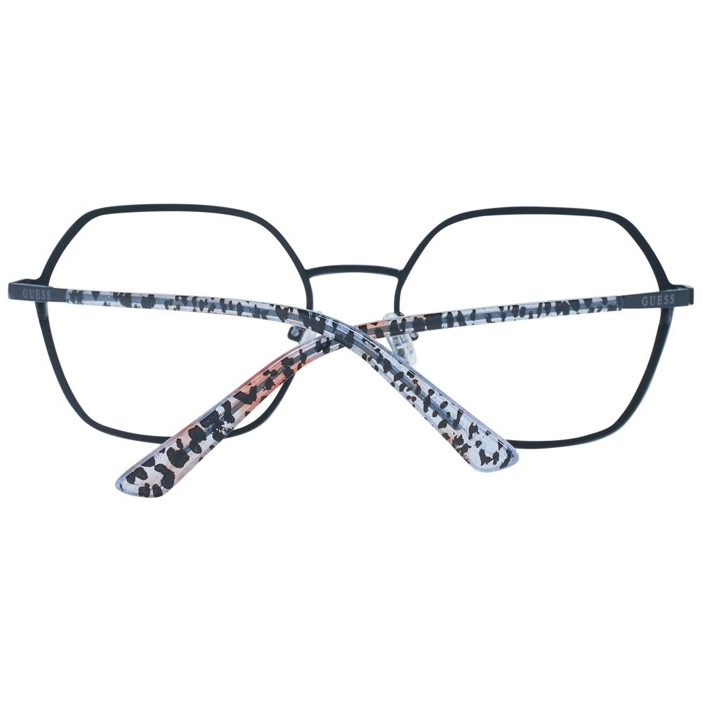 Guess Black Women Glasses Frame, square full-rim, black metal with demo lenses, 55-19-140 size, spring hinge, includes branded case.