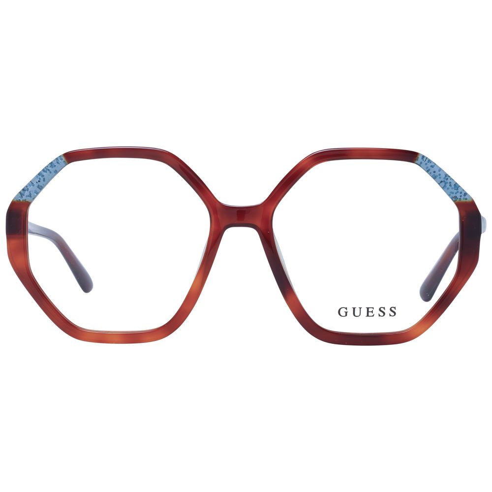 Guess Brown Women Glasses Frame, brown acetate square style with demo plastic lenses, full-rim design including branded case.