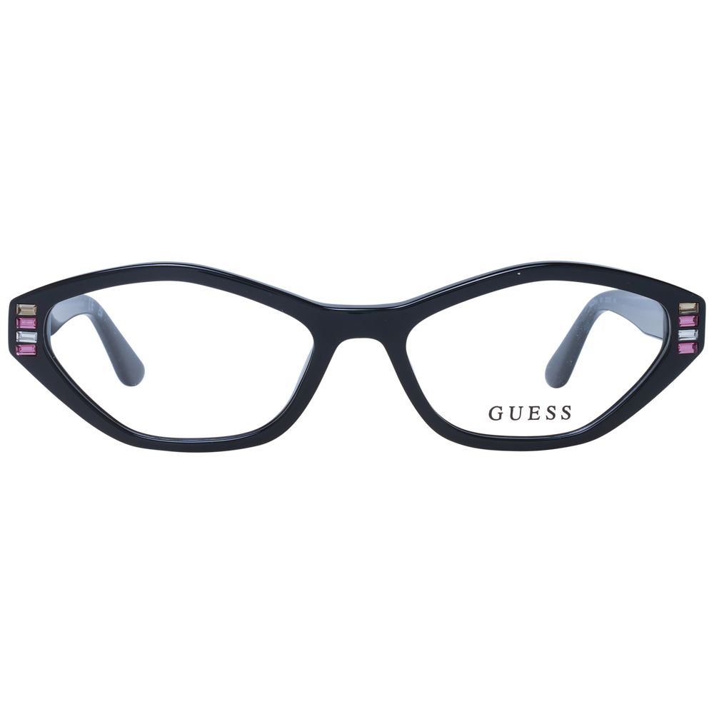 Guess Black Women Glasses Frame in black acetate with oval style and full-rim design, includes branded case, lens width 53mm.