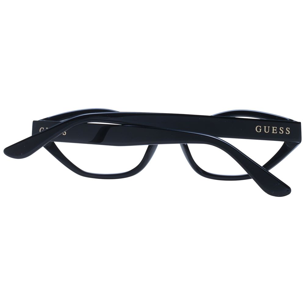 Guess Black Women Glasses Frame, acetate oval full-rim, demo lenses, branded case, spring hinge, 53mm lenses, 130mm frame width.