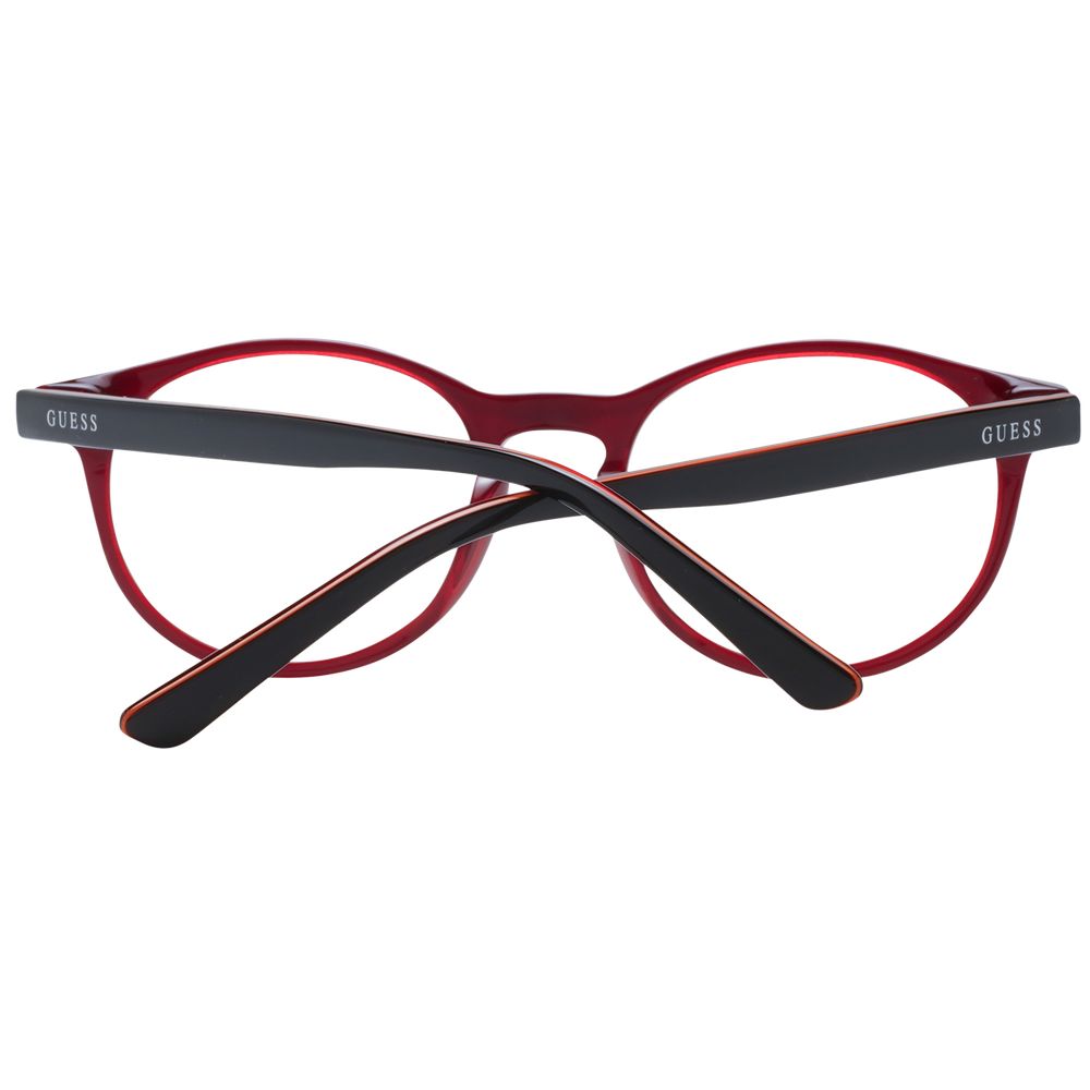 Guess Black Unisex Glasses Frame with full-rim plastic design, featuring demo lenses and branded temples in a round style for universal appeal.