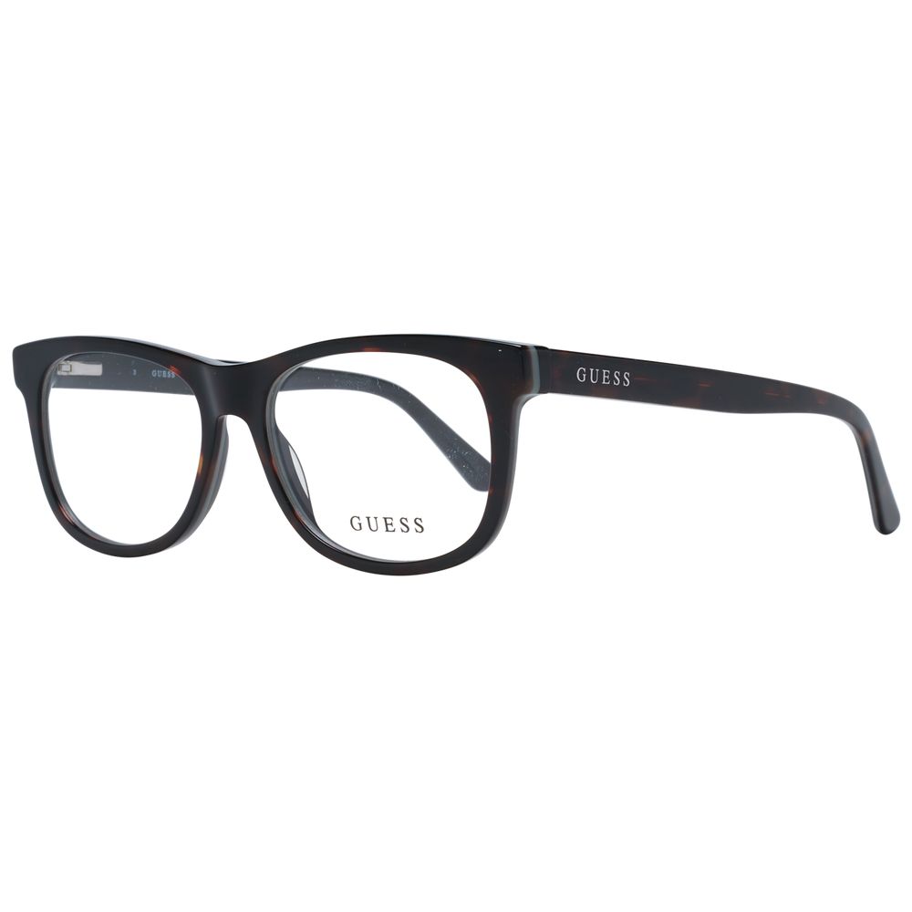 Guess Brown Unisex Glasses Frame, full-rim square style, plastic material, demo lenses, and spring hinge with branded case included.