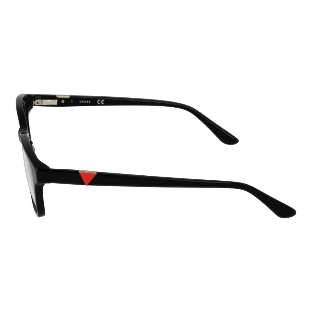 Side view of Guess Black Women Glasses Frame, full-rim square design, black plastic material, demo lenses, branded case included.
