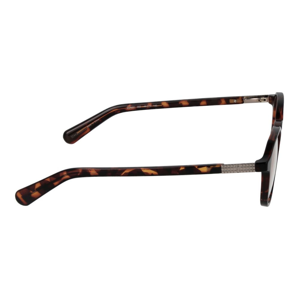 Side view of Guess Brown Women Glasses Frame with full-rim round style, brown plastic frame, and spring hinges for women.