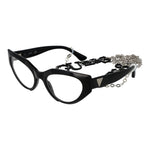 Guess Black Women Glasses Frame, full-rim black cat eye style with plastic material and branded case, features eyewear chain.