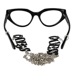Guess Black Women Glasses Frame, black full-rim cat eye design with branded eyewear chain, plastic frame and demo lenses.