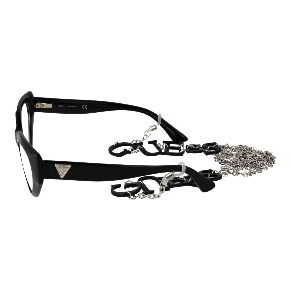 Guess Black Women Glasses Frame with cat eye style, full-rim black plastic frame, and attached eyewear chain, stylish and chic.