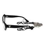 Guess Black Women Glasses Frame with cat eye style, full-rim black plastic frame, and attached eyewear chain, stylish and chic.
