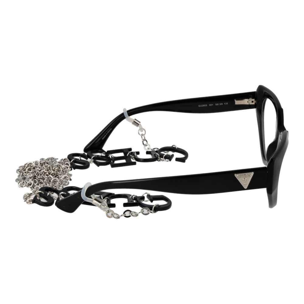 Guess Black Women Glasses Frame in full-rim cat eye style with black plastic frame, demo lenses, and attached eyewear chain.