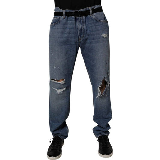 Dolce & Gabbana Blue Tattered Cotton Straight Denim Jeans