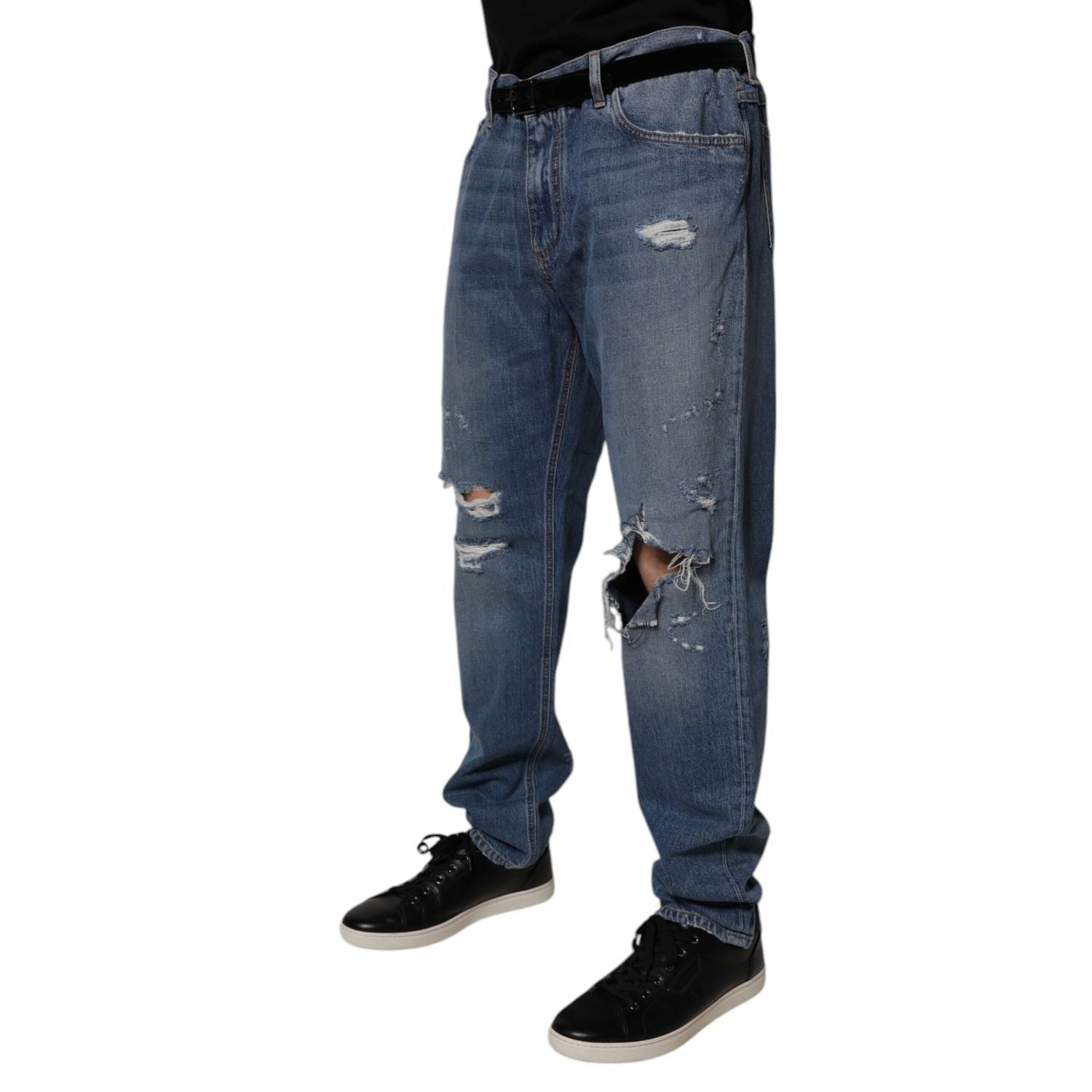 Dolce & Gabbana Blue Tattered Cotton Straight Denim Jeans