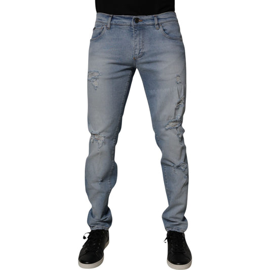 Dolce & Gabbana Blue Tattered Cotton Skinny Men Denim Jeans