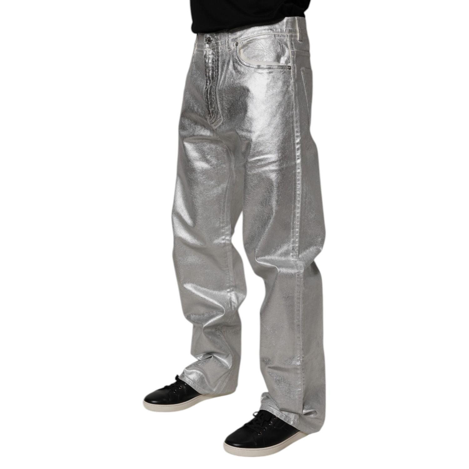 Dolce & Gabbana Metallic Silver Cotton Straight Denim Jeans