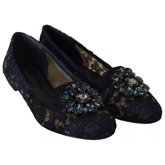 Dolce & Gabbana Blue Crystal Loafer Lace Ballet Flats Shoes