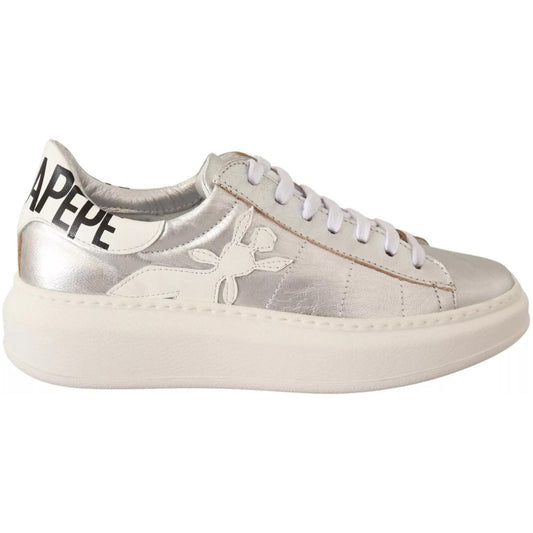 Patrizia Pepe Silver Full Grain Leather Lace Up Sneakers Shoes