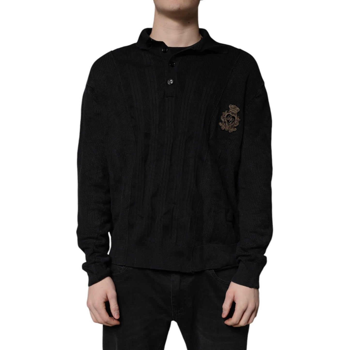 Dolce & Gabbana Black Heraldic Silk Buttoned Pullover Sweater