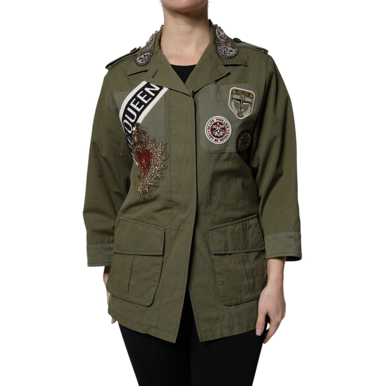 Dolce & Gabbana Military Green Queen Embellished Coat Jacket