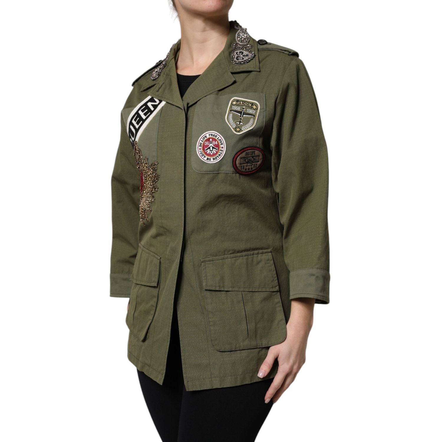 Dolce & Gabbana Military Green Queen Embellished Coat Jacket