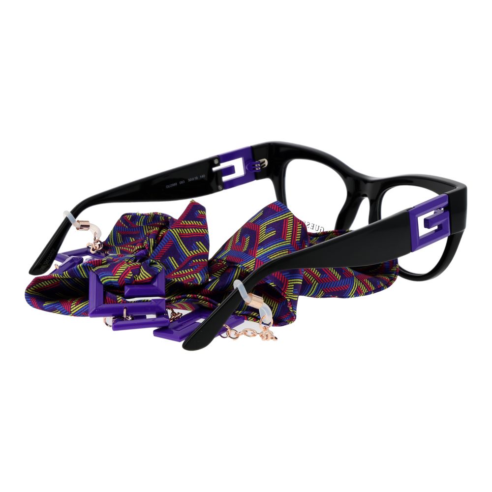 Guess Black Women Glasses Frame with colorful eyewear chain, full-rim cat eye style, plastic material, includes branded case.
