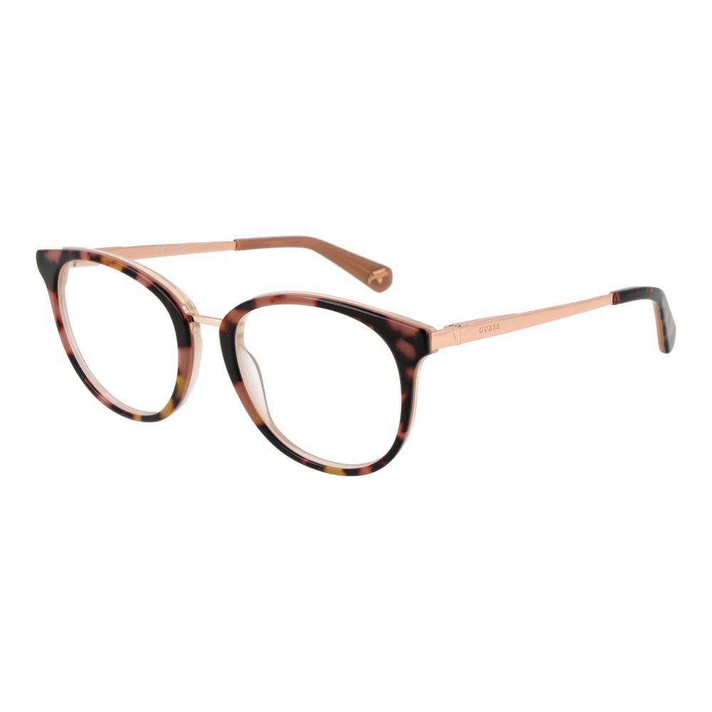 Guess Brown Unisex Glasses Frame in acetate, round full-rim design, 51mm lens width, 18mm bridge, spring hinge, includes branded case.