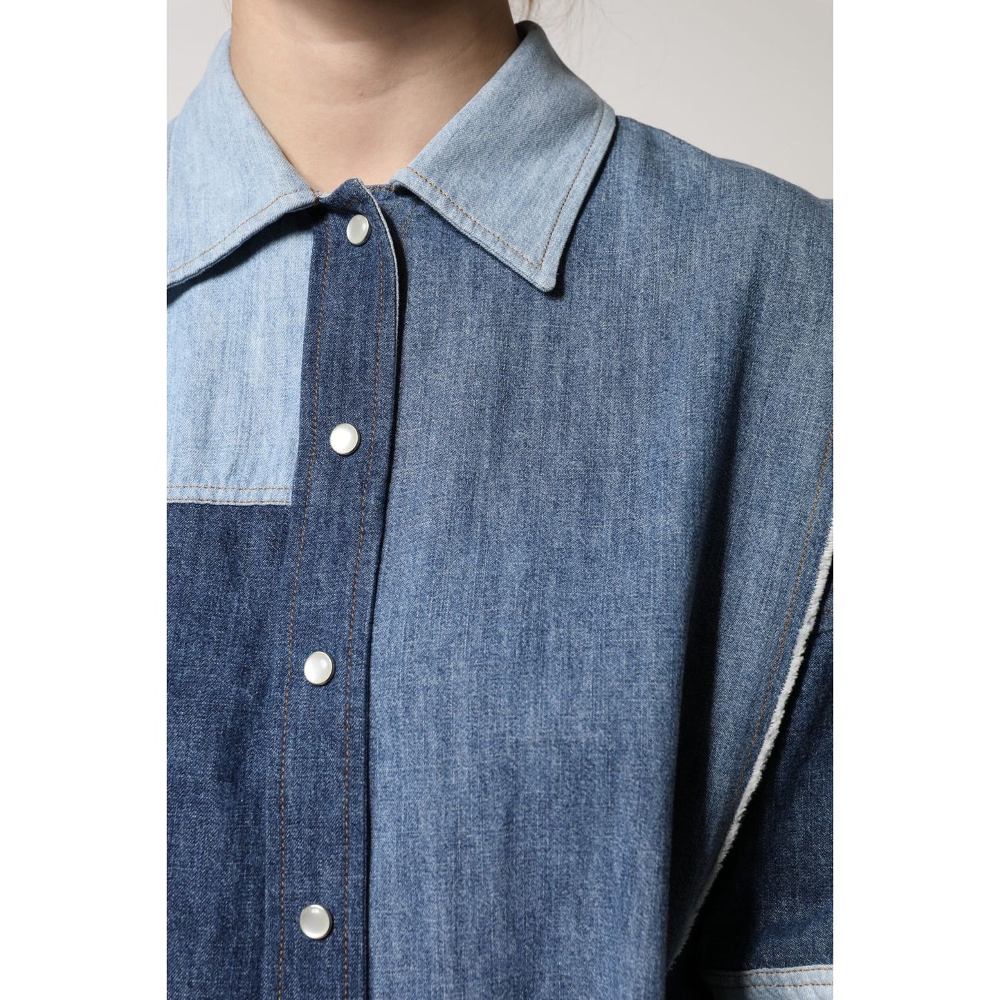 Dolce & Gabbana Blue Cotton Button Up Collared Long Sleeve Top