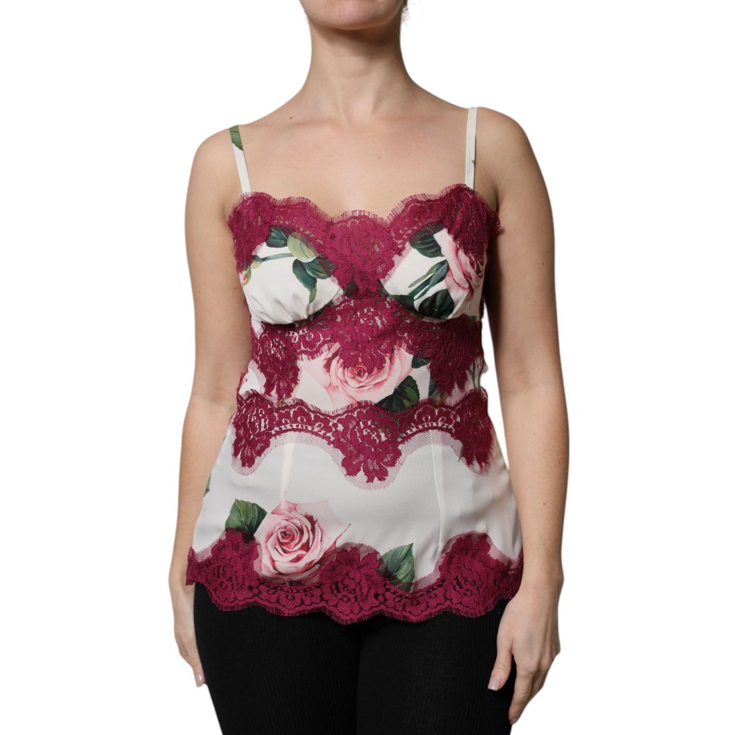 Dolce & Gabbana White Rose Print Satin Lace Tank Top Lingerie