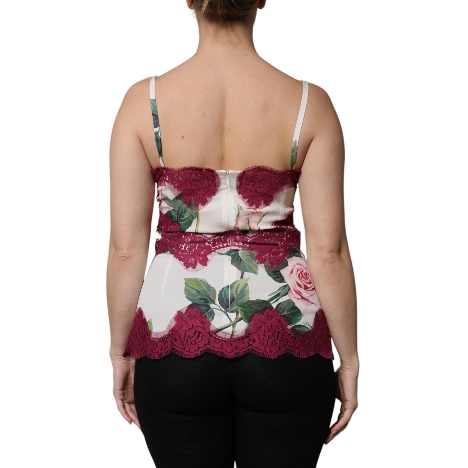 Dolce & Gabbana White Rose Print Satin Lace Tank Top Lingerie