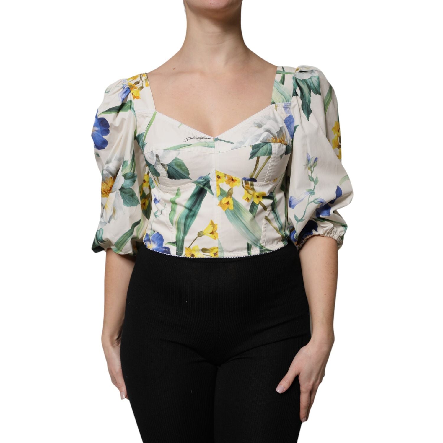 Dolce & Gabbana White Floral Puff Sleeves Crop Blouse Top