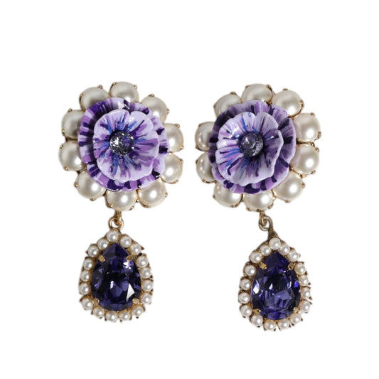 Dolce & Gabbana Purple Flower Pearl Teardrop Crystals Clip On Earrings SMY10471